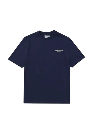 Navy blue short-sleeve crew neck T-shirt with small light-colored brand logo on left chest and plain back.