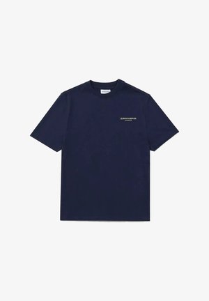 Navy blue short-sleeve crew neck T-shirt with small light-colored brand logo on left chest and plain back.