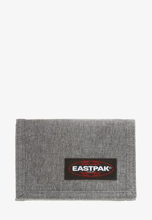 Gray fabric wallet with a textured finish, featuring a black Eastpak logo patch on the front. Compact rectangular shape with minimal design.