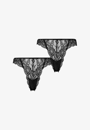 Des culottes string en dentelle noire avec des motifs floraux, des bords festonnés et une texture semi-transparente. Comprend deux paires identiques.