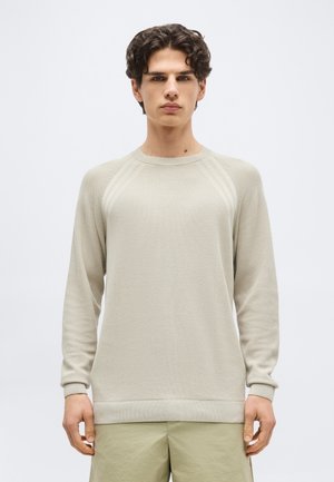 Noor mees lühikeste lokkis juustega, seljas helebeež tekstuuriga pikkade varrukatega kampsun ja sobivad helebeežid püksid, näoga otse vaataja poole.