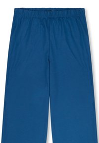 Blaue Baumwollhosen mit einem elastischen Bund. Der Stoff ist glatt, hat eine einheitliche Farbe und keine sichtbaren Muster oder Beschläge.