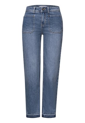 Jean bleu taille haute à jambes droites avec poches plaquées à l'avant, fermeture par bouton, passants pour ceinture et coutures apparentes sur fond blanc.