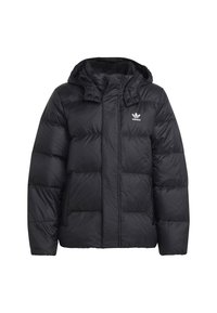 Black puffer jacket with a hood, featuring a quilted design, a front zipper, snap buttons, and a small white logo on the left chest.