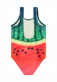 Maillot de bain en polyester avec un motif de pastèque vif, comprenant une écorce verte, une chair rouge et des graines noires. Conçu avec des bretelles larges et un dos dégagé.