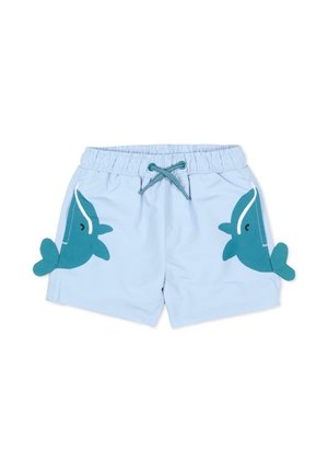 Jasnoniebieskie kąpielówki dla maluchów z turkusowymi wzorami wielorybów i detalami po bokach w kształcie płetw, z elastycznym pasem i przednim sznurkiem.