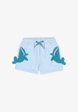 Costume da bagno per bambino in azzurro chiaro con disegni di balene turchesi e dettagli a forma di pinna sui lati, vita elasticizzata e coulisse frontale.