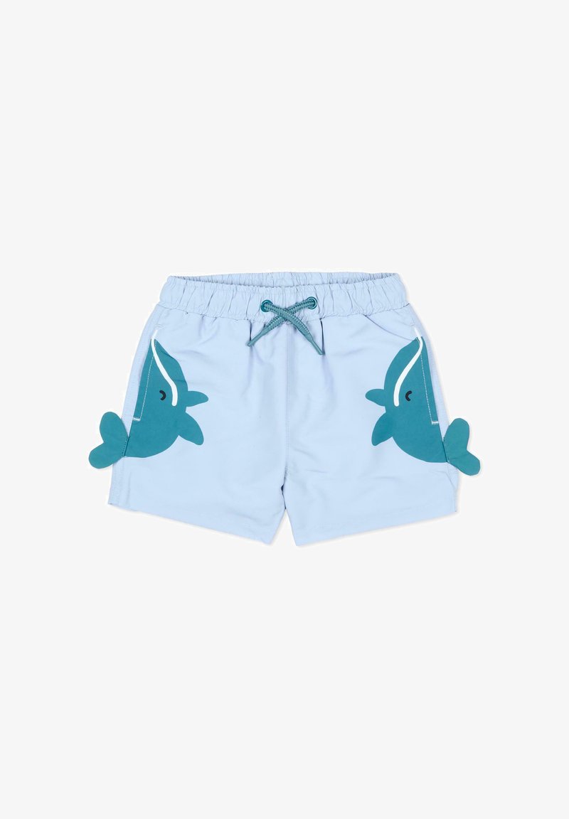 Costume da bagno per bambino in azzurro chiaro con disegni di balene turchesi e dettagli a forma di pinna sui lati, vita elasticizzata e coulisse frontale.