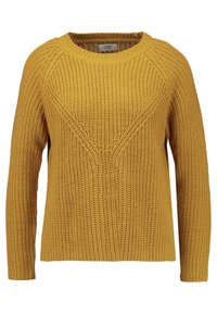 Senfgelbes Strickpullover mit langen Ärmeln, Rundhalsausschnitt und strukturierter Musterung mit einem V-förmigen Design auf der Vorderseite.