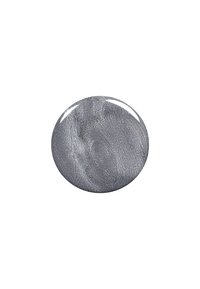 Smalto per unghie grigio metallico in un contenitore rotondo, che mostra una texture scintillante e liscia con sottili spirali e una finitura lucida.