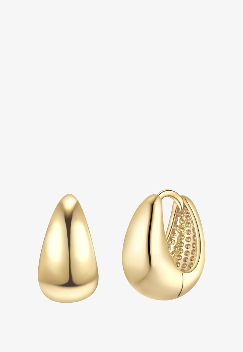 Zlate uhane v obliki kapljice z gladko površino. Enih uhanov ima teksturiran notranji del in zasnovo zaprtega obročka.