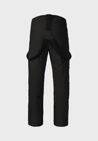Schwarze wasserdichte Hose mit glatter Textur. Verfügt über verstellbare Träger und Reißverschlusstaschen an den Seiten für zusätzlichen Nutzen.