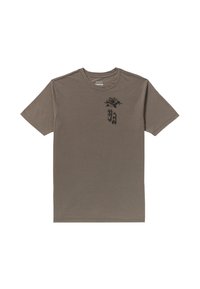T-shirt a maniche corte khaki in morbido cotone, con grafiche floreali nere e testo sul lato sinistro del petto. Collo a giroclassico.