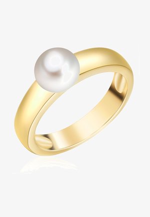 Zlatý prsteň s hladkým, zaobleným pásom, na jednej strane s lesklou bielou perlou. Jednoduchý, moderný dizajn.