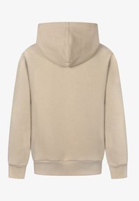 Beige mikina s kapucí a dlouhými rukávy, s žebrovanými manžetami a lemem, zobrazená zezadu na jednobarevném pozadí.