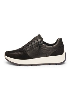Black leather and suede sneaker with textured panels, laces, side zipper, and a white rubber sole. Features a cushioned collar.