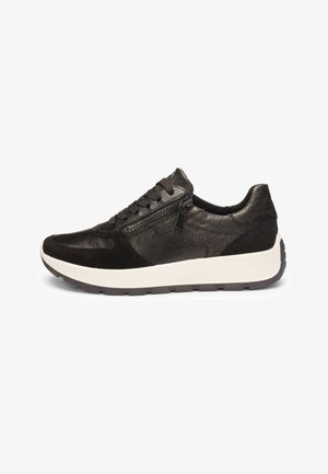 Black leather and suede sneaker with textured panels, laces, side zipper, and a white rubber sole. Features a cushioned collar.
