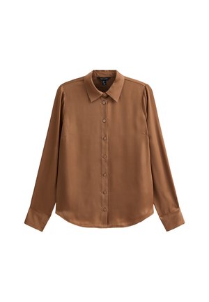 Bruine satijnen blouse met een kraag, lange mouwen, knoopsluiting en een rond afgeronde zoom. Beschikt over een gladde textuur en een minimalistisch ontwerp.