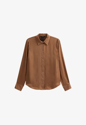 Brown satin blouse with a collar, long sleeves, button front, and a rounded hem. Features a smooth texture and minimalistic design.