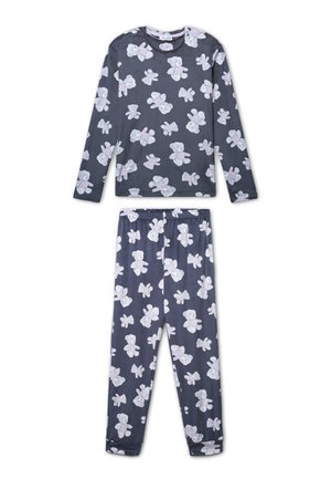Set di pigiama in cotone con maglia a maniche lunghe e pantaloni. Grigio scuro con motivo di orsetti teddy rosa chiaro. Texture morbida e vita elasticizzata.