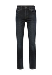 Ciemnoniebieskie dżinsy o prostym kroju, pięć kieszeni, kontrastowe przeszycia i metalowy zamek.