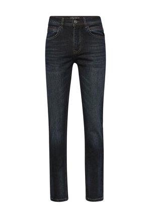 Tmavě modré džíny z denimu se rovný střih, designem s pěti kapsami, kontrastním prošíváním a kovovým zapínáním.