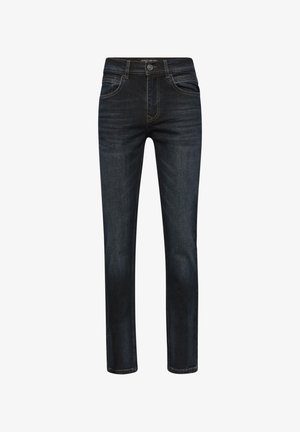 Tmavě modré džíny z denimu se rovný střih, designem s pěti kapsami, kontrastním prošíváním a kovovým zapínáním.