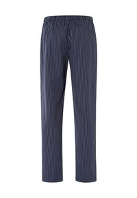 Marine gestreepte broek met een elastische tailleband. Gemaakt van lichte stof, met verticale witte streepjes en een losse pasvorm.