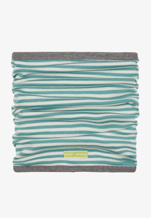 Scaldacollo rigato in turchese e bianco con orlo grigio. Realizzato in tessuto morbido e elasticizzato con texture arricciata e un piccolo etichetta con logo.