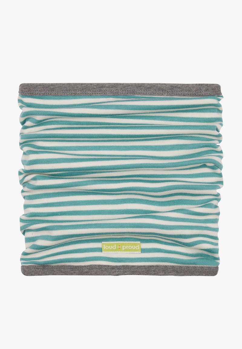 Scaldacollo rigato in turchese e bianco con orlo grigio. Realizzato in tessuto morbido e elasticizzato con texture arricciata e un piccolo etichetta con logo.