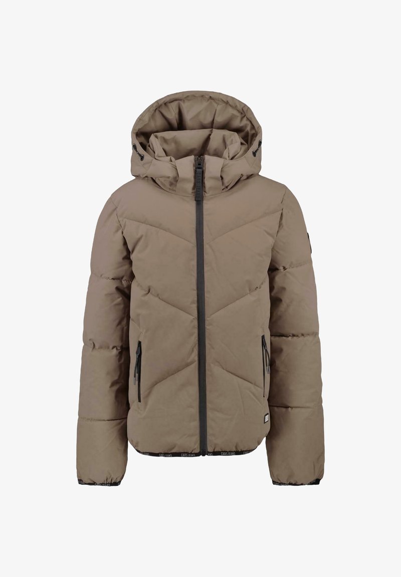 Lichtbruine pufferjack met capuchon, volwaardige rits en twee zijzakken. Kenmerkt zich door een stiksels patroon langs de voorkant.