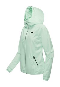 Lyse myntgrønn hettejakke i jevnt, vannavstøtende stoff. Har en glidelås foran, sidelommer og elastiske mansjetter. Inkluderer svarte detaljer.