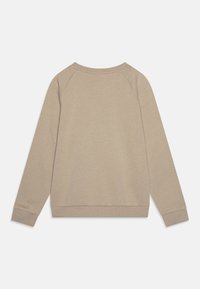 Felpa beige con polsini e orlo a costine, scollatura rotonda e maniche raglan. Texture liscia e morbida con dettagli minimi.