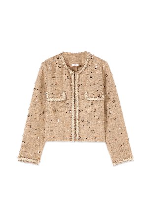 Beige gebreid jack met textuur, lange mouwen, zakken aan de voorkant, rafelige rand en verspreide glanzende pailletten die de stof versieren.