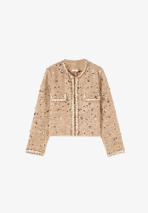 Beige gebreid jack met textuur, lange mouwen, zakken aan de voorkant, rafelige rand en verspreide glanzende pailletten die de stof versieren.