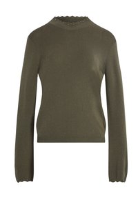 Olijfgroen gebreid sweatshirt met lange mouwen, geschulpte halslijn en kleine versieringen langs de kraag. Zachte textuur, aansluitend ontwerp.