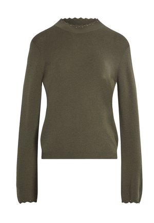 Olijfgroen gebreid sweatshirt met lange mouwen, geschulpte halslijn en kleine versieringen langs de kraag. Zachte textuur, aansluitend ontwerp.