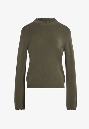 Pull en tricot vert olive avec des manches longues, un col en scallop et de petites embellissements le long du col. Texture douce, design ajusté.