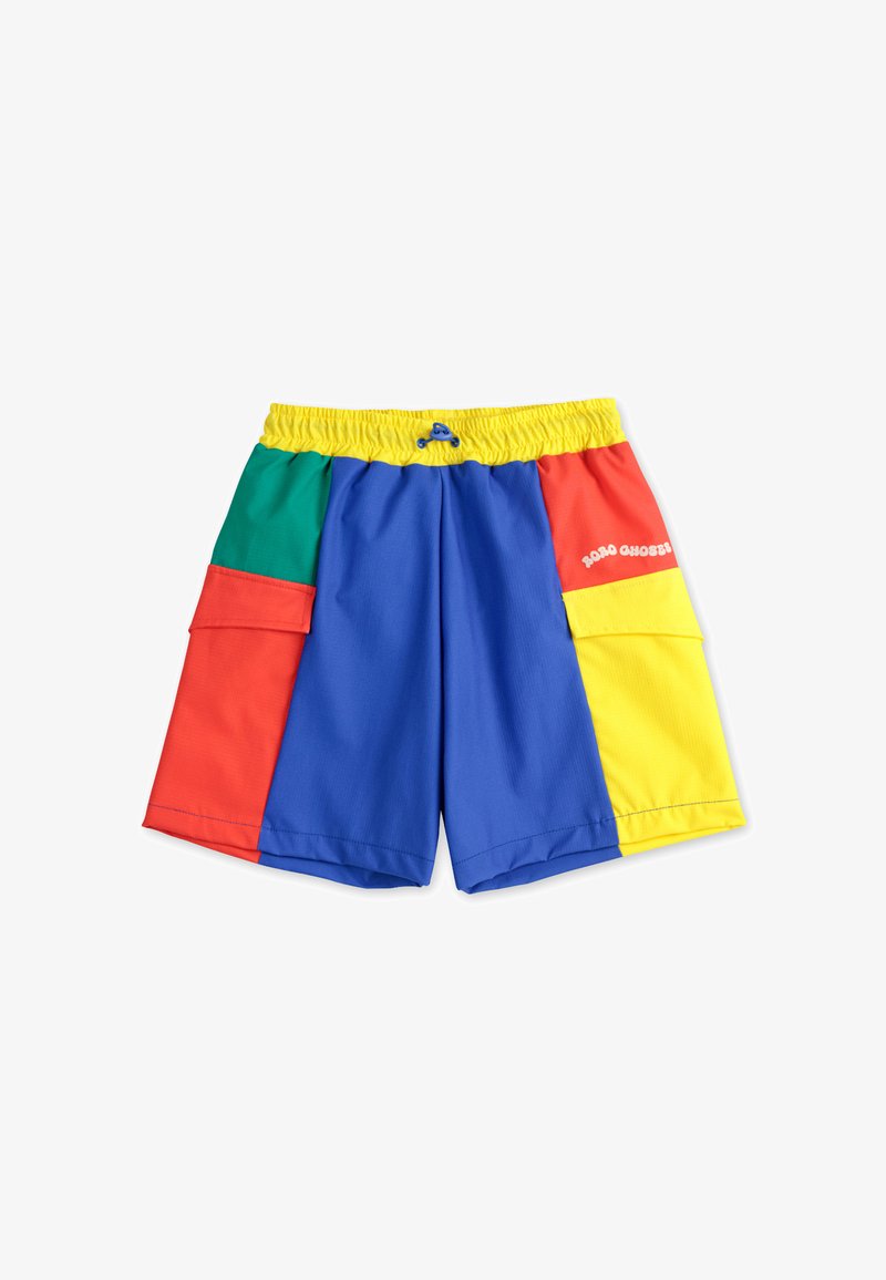 Colorful swim shorts featuring a mix of yellow, green, red, and blue panels. Elastic waistband with adjustable drawstring and side pockets.