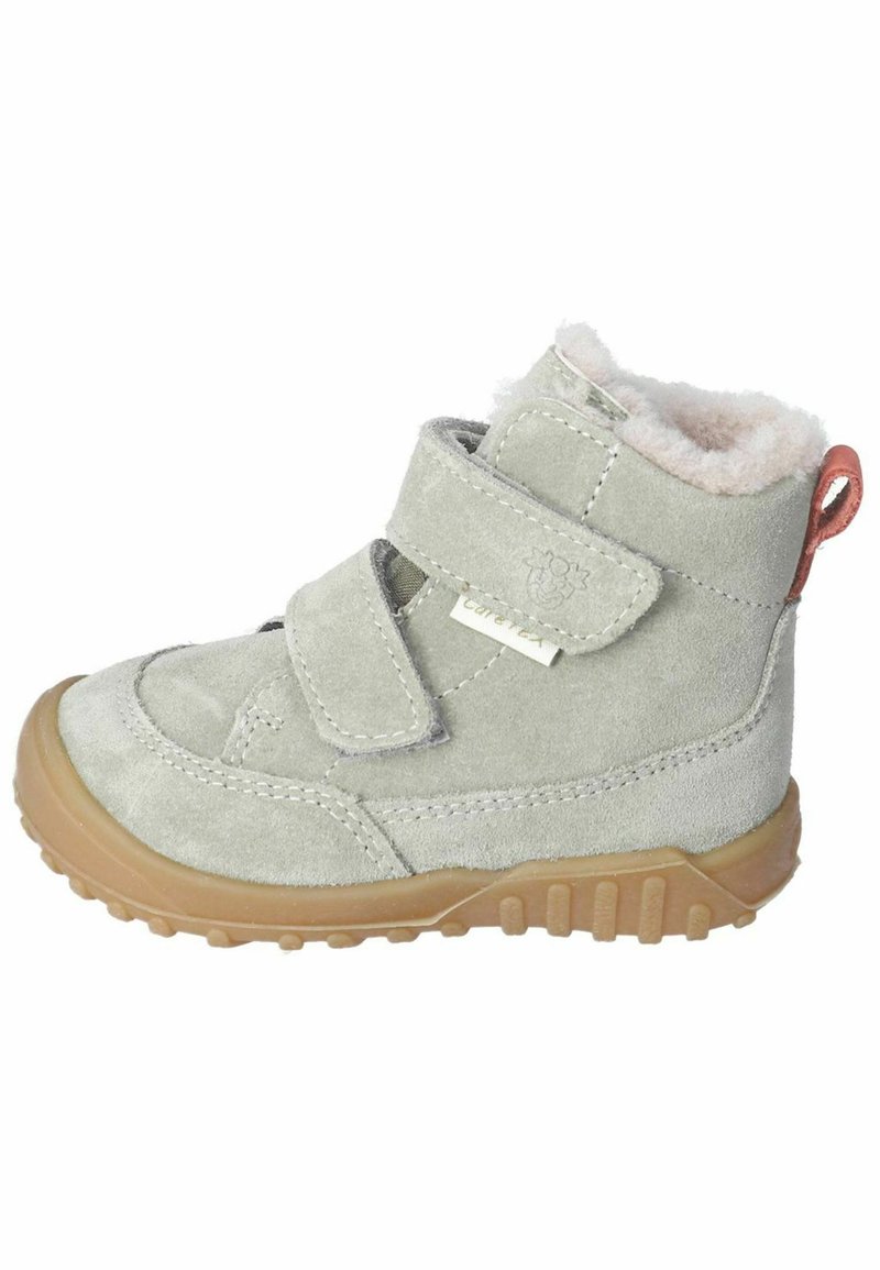 Grau Wildleder Stiefelette mit zwei Klettverschlüssen, strukturiertem Gummisohle, plüschiger Innenausstattung und einem kleinen rosa Zugband auf der Rückseite.