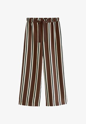 Smešano smeđe i bijele hlače širokih nogavica sa vertikalnim prugama, elastičnim pojasom i zavezanom remenom. Mekana pamučna tkanina sa glatkom teksturom.