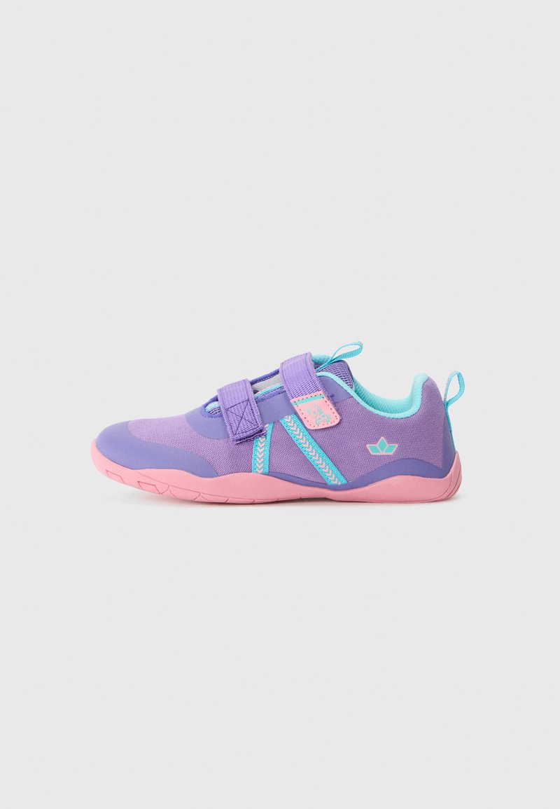 Purple and pink children's shoes with Velcro straps, a lightweight design, and textured fabric featuring turquoise accents.