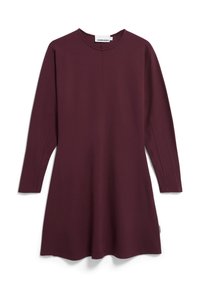 Bordeauxfarbiges langärmliges Kleid mit rundem Halsauschnitt, A-Linie-Form und glatter Textur. Verfügt über minimale Nähte und ein dezentes Markenetikett am Saum.