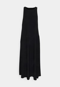 Svart ärmlös maxiklänning med rund halsringning, flytande silhuett, mjuk textur och fåll med rundade kanter.