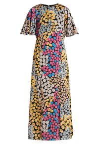 Florales Patchwork-Midikleid mit kurzen, flatternden Ärmeln in rosa, gelb, blau und weißen Gänseblümchenmustern auf schwarzem Hintergrund.