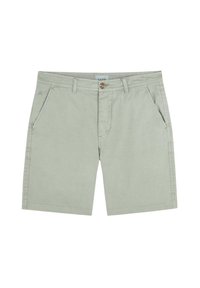 Pantaloni scurți din bumbac verde deschis, cu buzunare laterale și închidere cu nasture. Prezintă o croială dreaptă și detalii de cusătură pe margini.