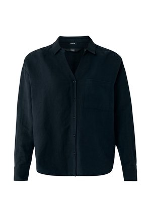 Sort skjorte med knapper i vævet stof, med spidse krave, lange ærmer og en enkelt brystlomme. Glat tekstur og afslappet pasform.