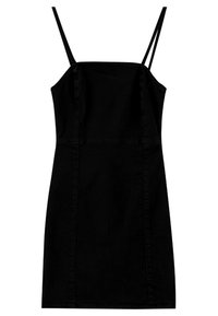 Svart denimklänning med tunna justerbara axelband, figurnära bodice och rak silhuett. Har en slät textur och tydliga sömmar.