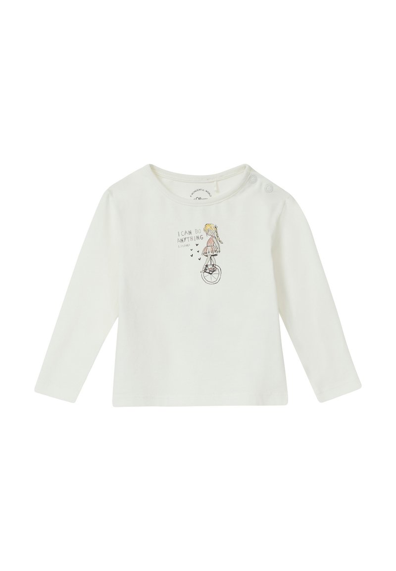 Langdurige witte blouse van zachte stof met een bedrukt ontwerp van een meisje op een eenwieler met de tekst "IK KAN ALLES DOEN." Twee drukknoopjes op de schouders.