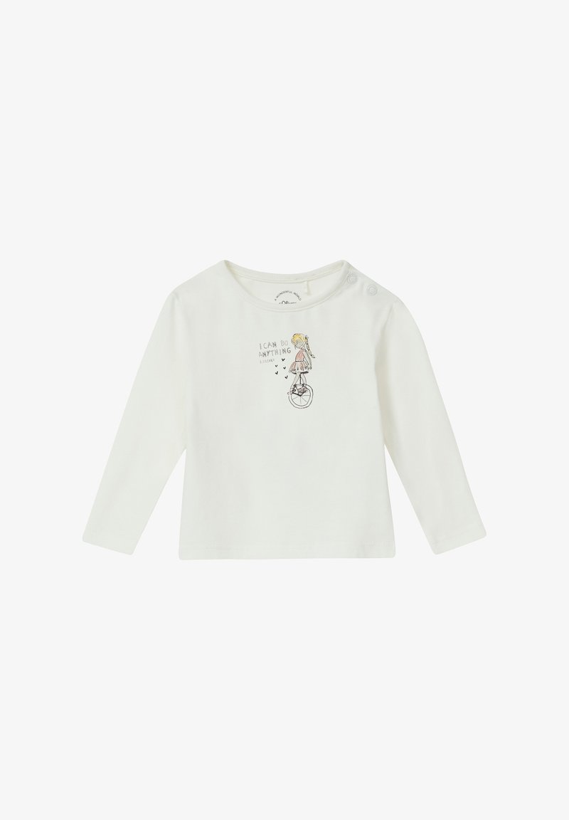 Langdurige witte blouse van zachte stof met een bedrukt ontwerp van een meisje op een eenwieler met de tekst "IK KAN ALLES DOEN." Twee drukknoopjes op de schouders.